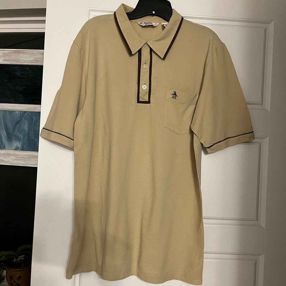 Original Penguin Men's Beige Polo Shirt with Brown Accents